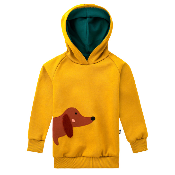 Dackel Kapuzenpullover für Kinder Senfgelb aus 100% Bio Baumwolle von internaht