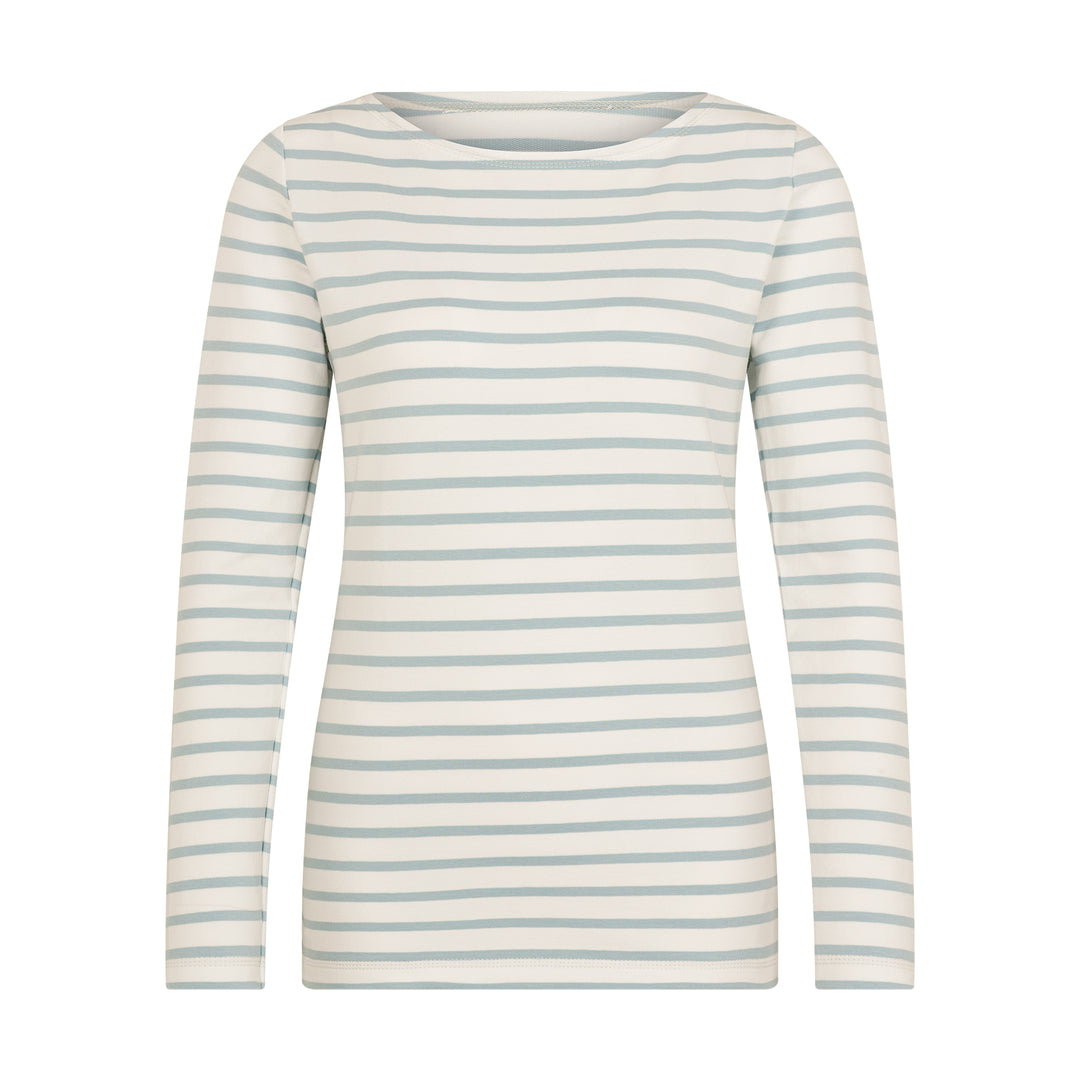 Gestreiftes Langarmshirt für Damen aus Biobaumwolle mit himmelblauen Streifen von internaht