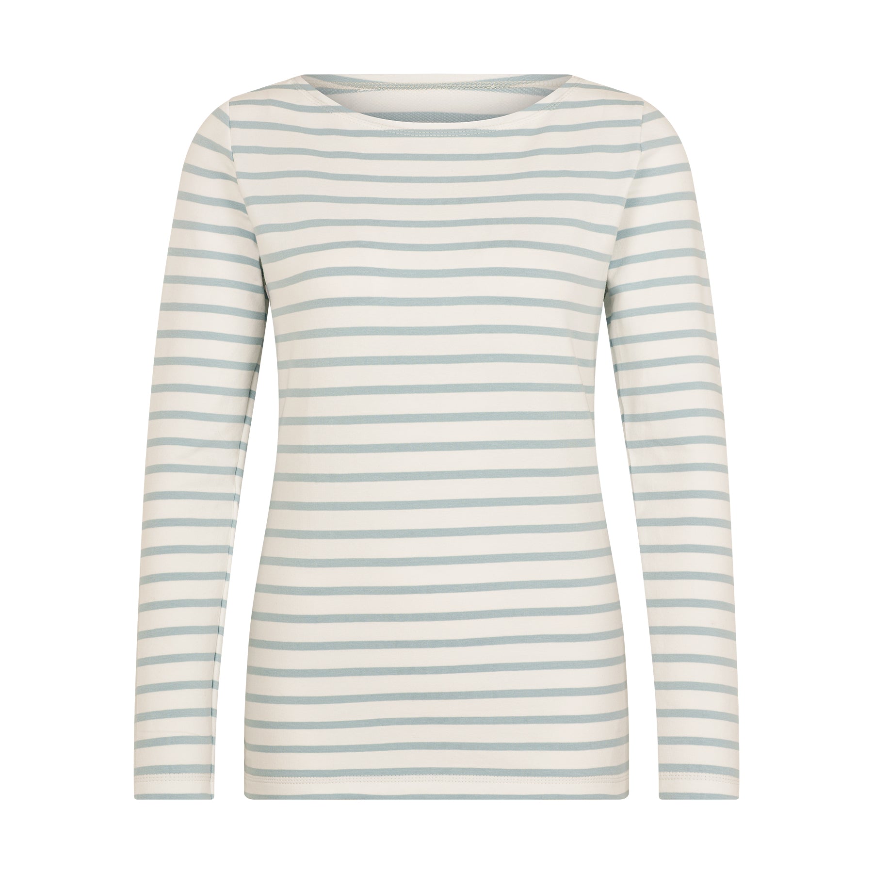 Gestreiftes Langarmshirt für Damen aus Biobaumwolle mit himmelblauen Streifen von internaht