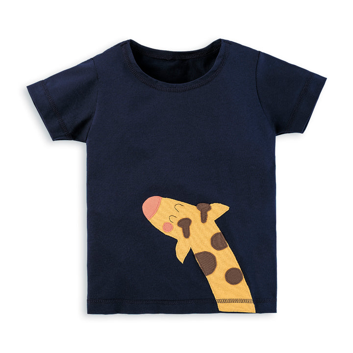 Dunkelblaues Kinder T-Shirt mit Giraffe-Applikation von internaht