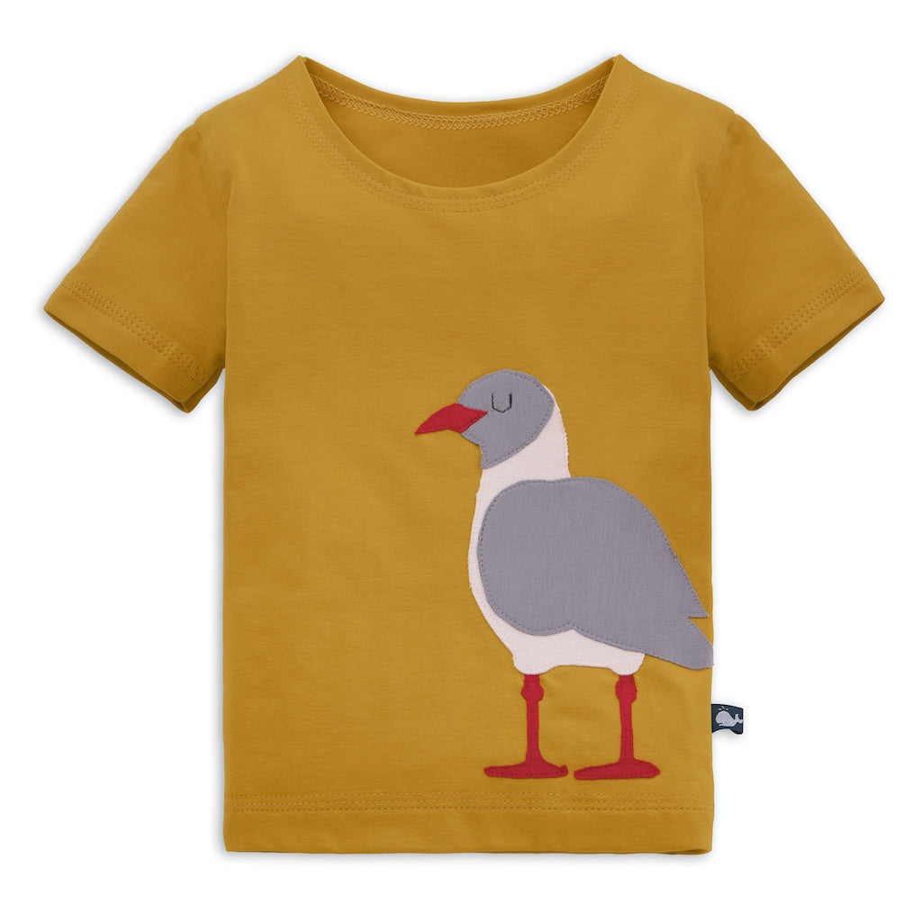 Senfgelbes Kinder T-Shirt mit Möwen-Applikation aus Biobaumwolle von internaht