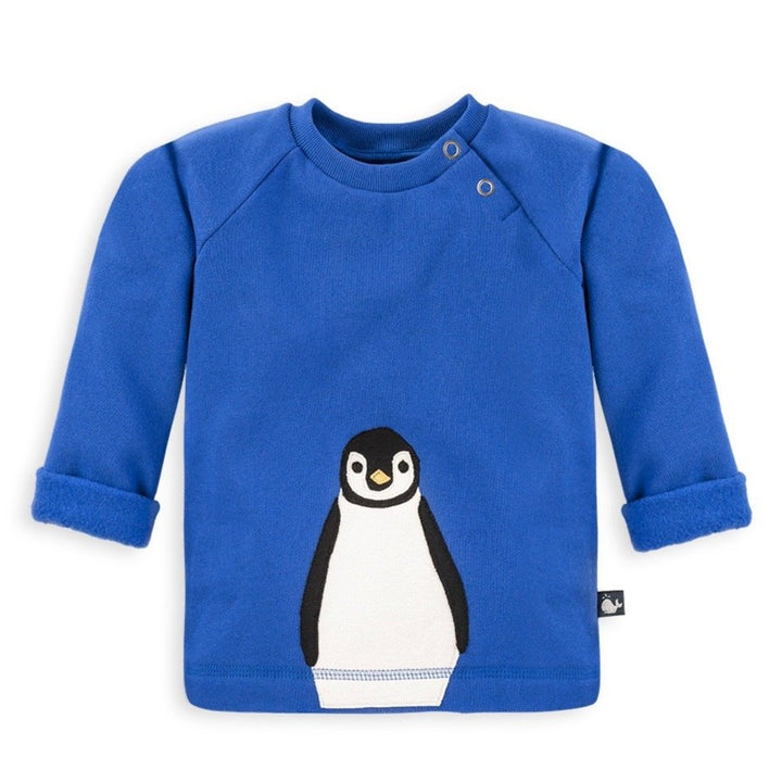 Royalblaues Baby Sweatshirt mit Pinguin aus 100% Biobaumwolle von internaht
